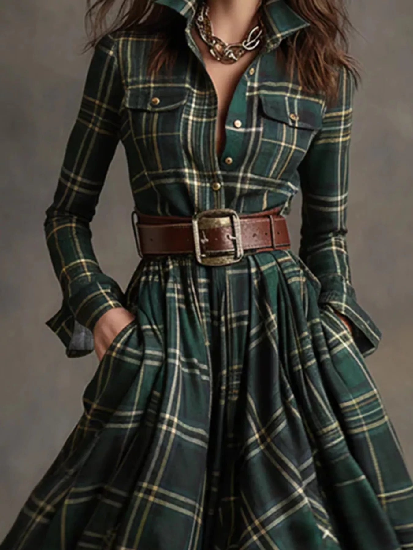 Plaid Button Front Maxi Shirt Dress