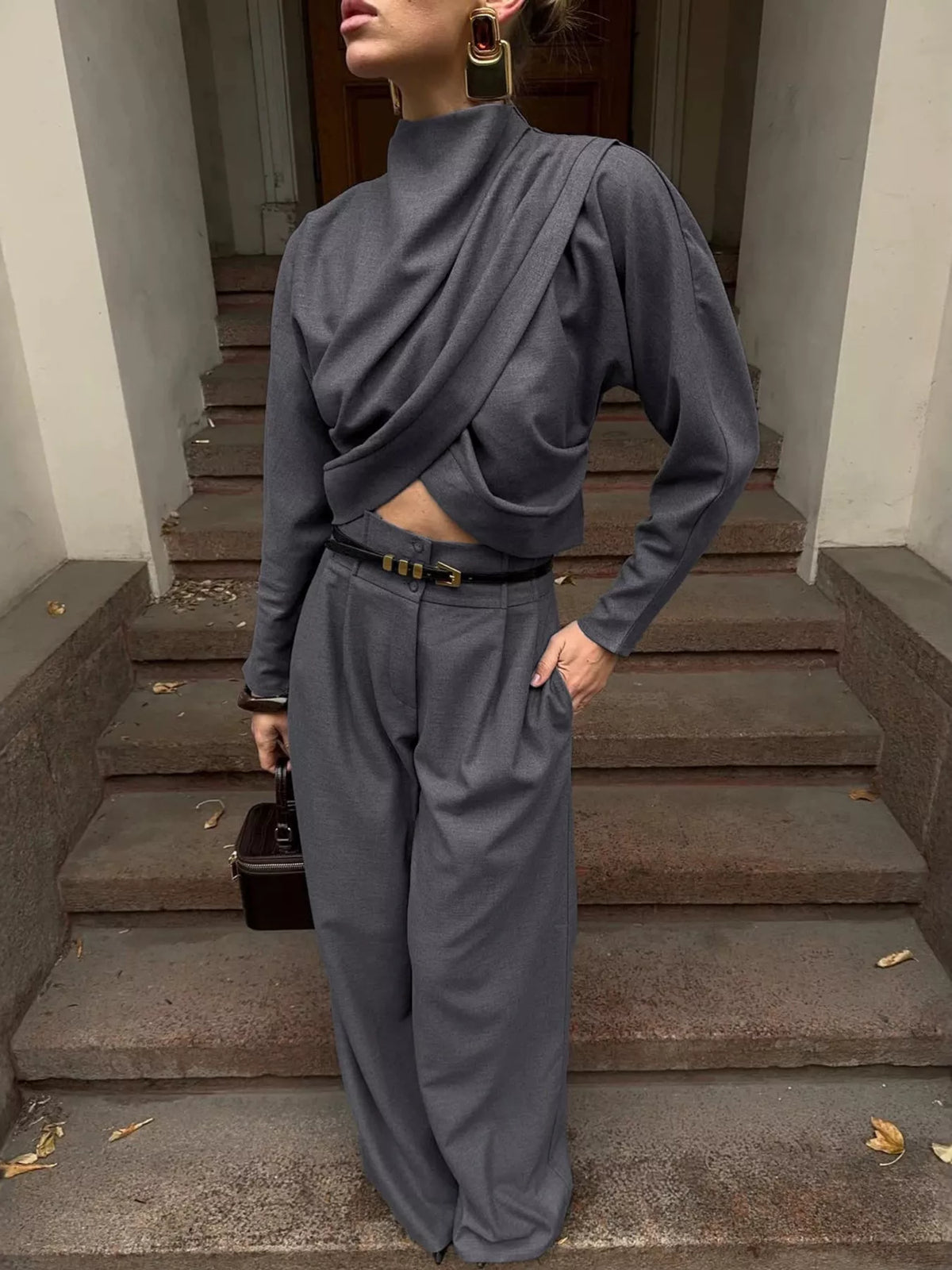 Draped Crop Top and Wide-Leg Pants Set