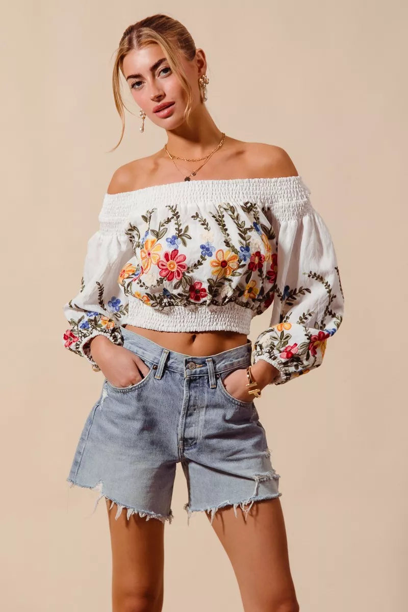 SO ME Floral Embroidered Off The Shoulder Crop Top