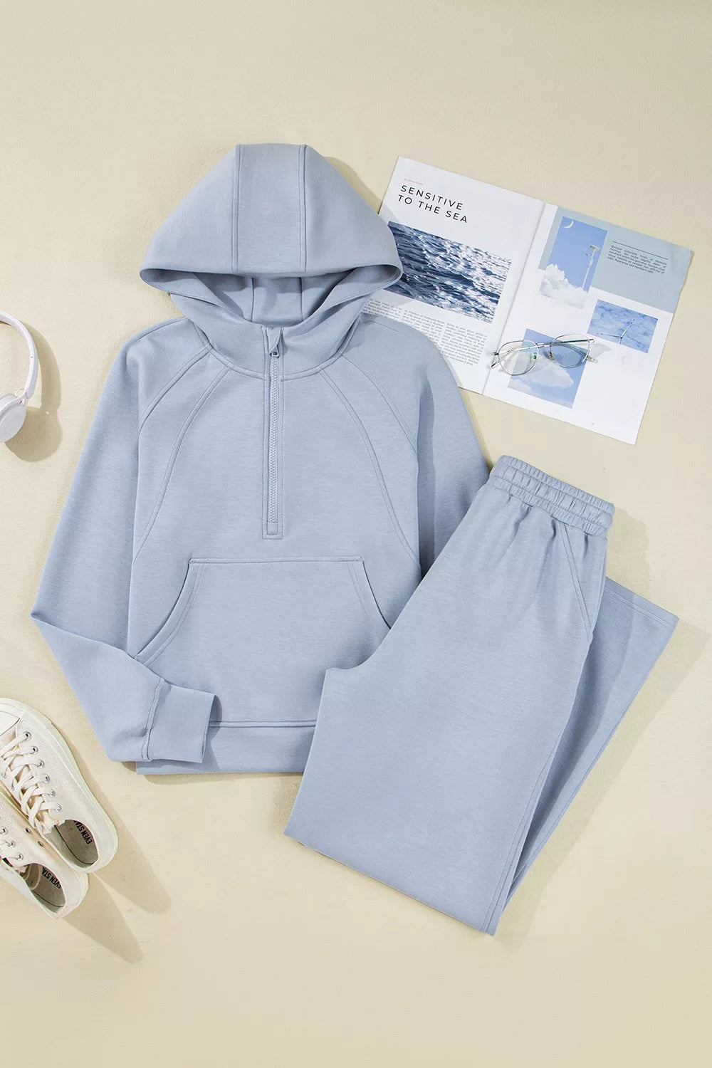 Half Zip Thumbhole Sleeve Hoodie and Pants 2pcs Outfit