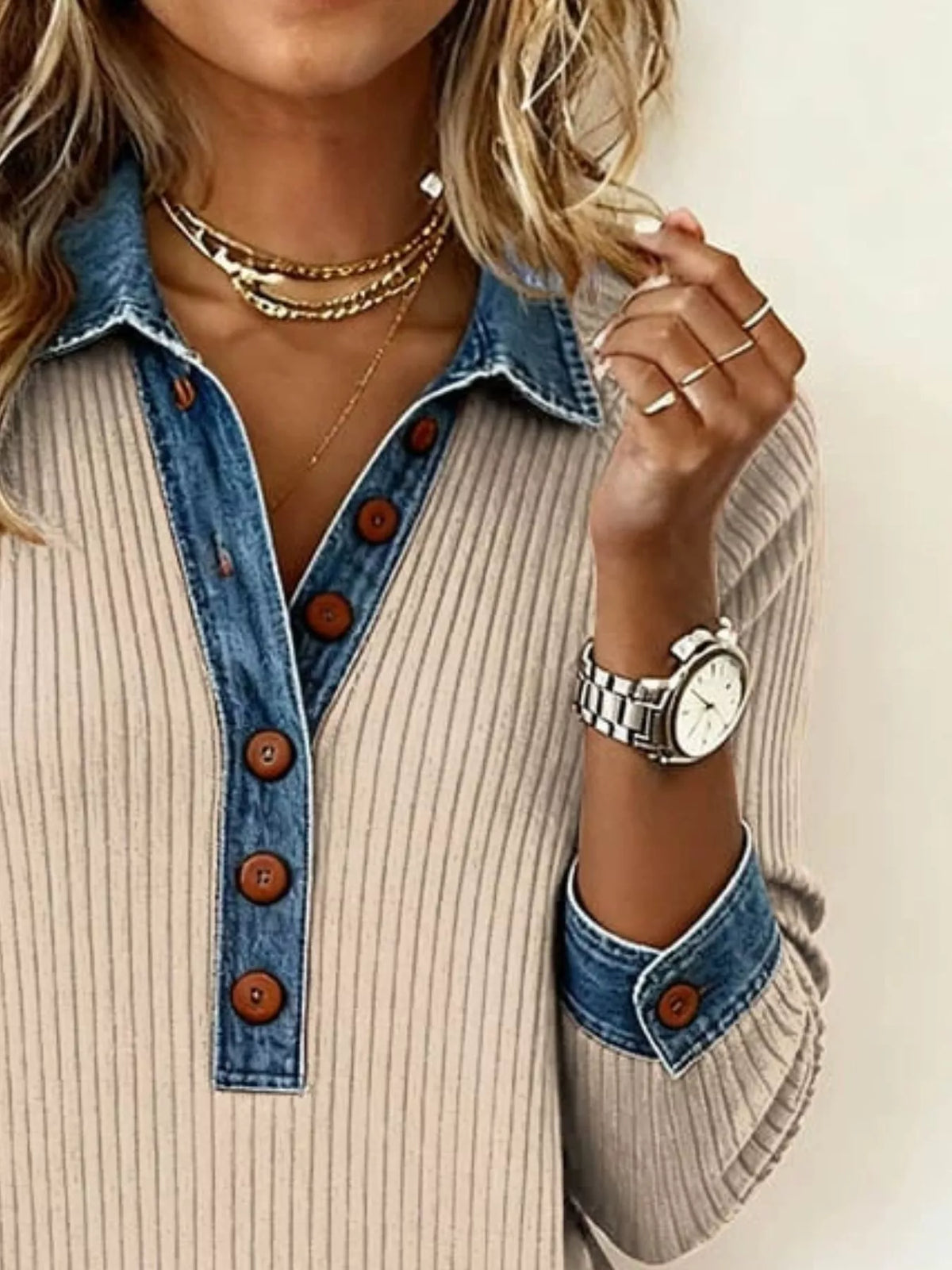 Full Size Denim Trim Ribbed Knit Top Plus Size