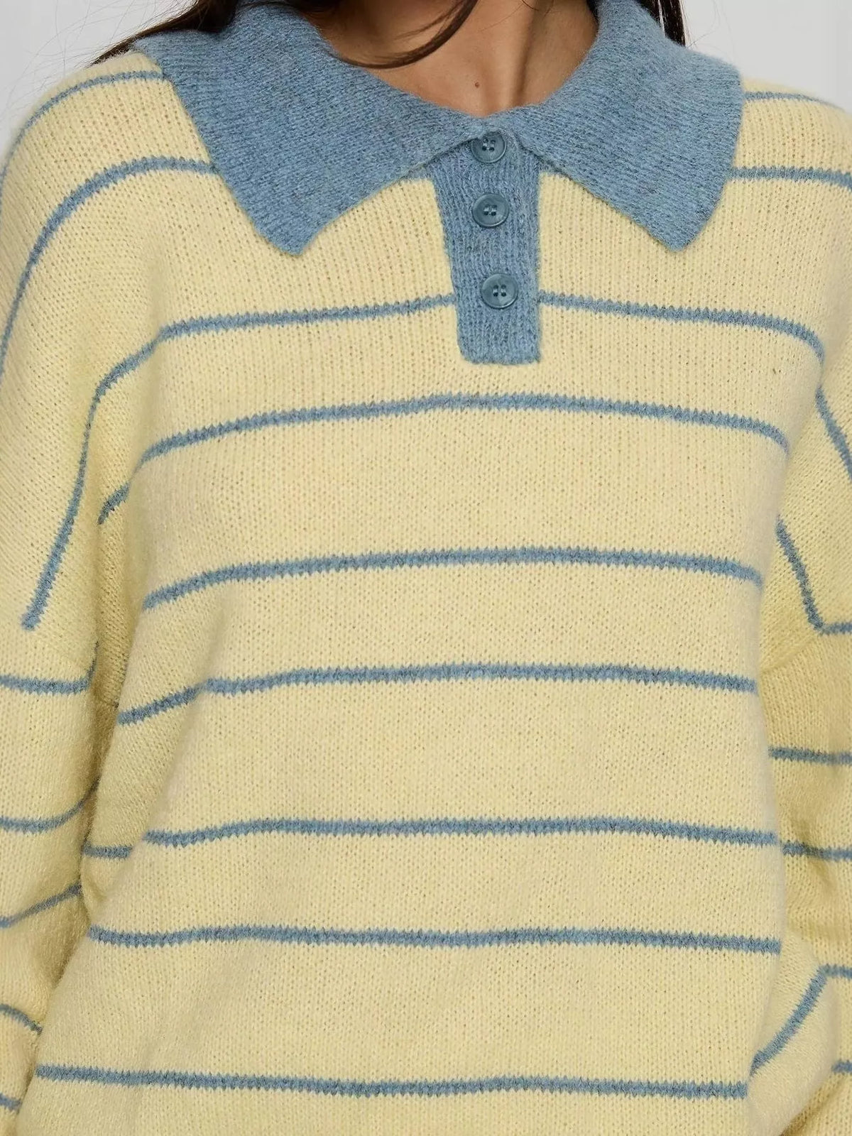 Striped Polo Collar Long Sleeve Sweater