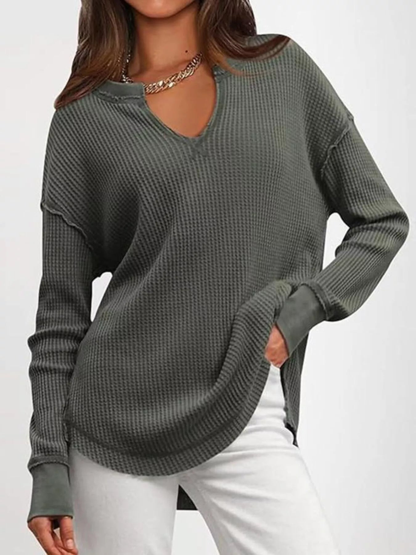 Slit Notched Long Sleeve T-Shirt