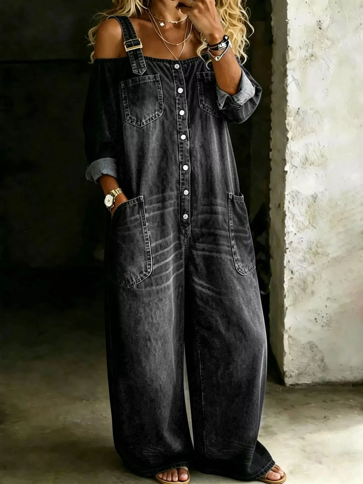 Button Front Wide-Leg Jumpsuit