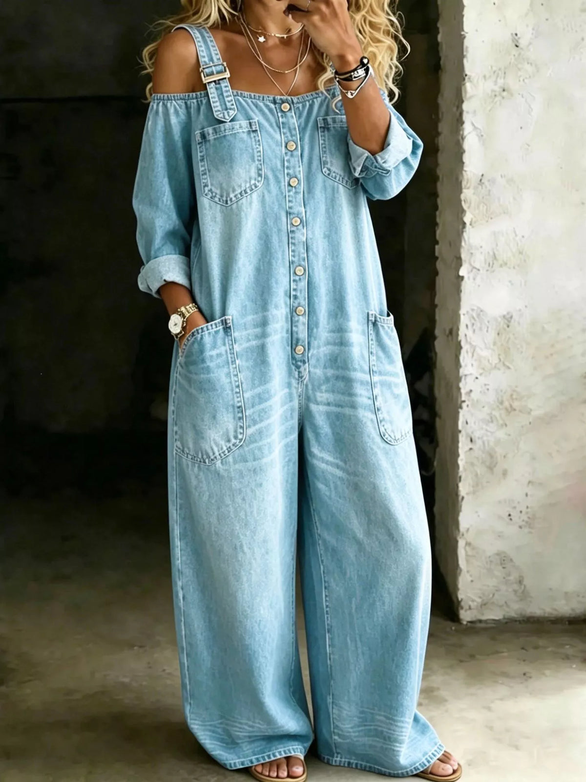 Button Front Wide-Leg Jumpsuit