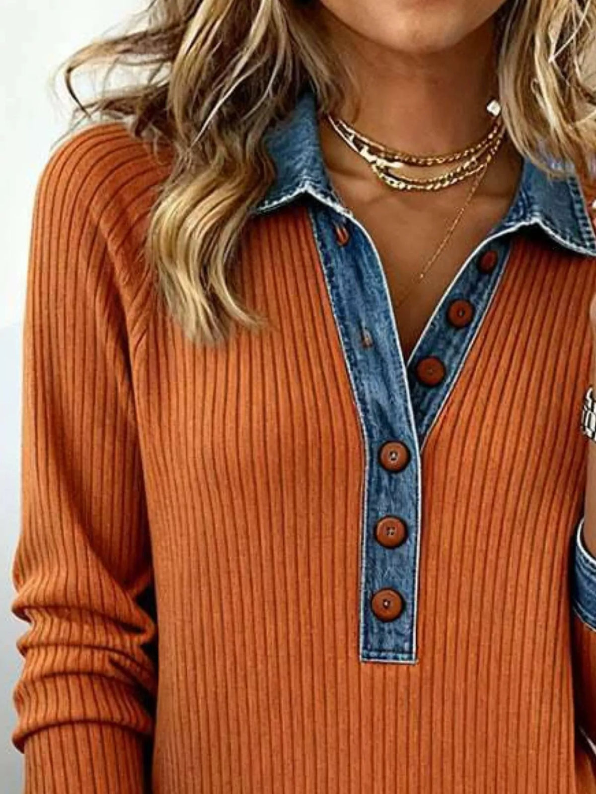 Full Size Denim Trim Ribbed Knit Top Plus Size