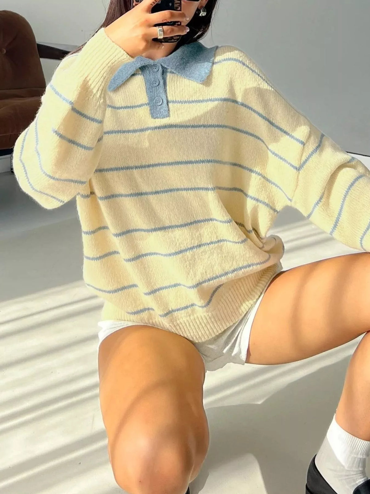 Striped Polo Collar Long Sleeve Sweater