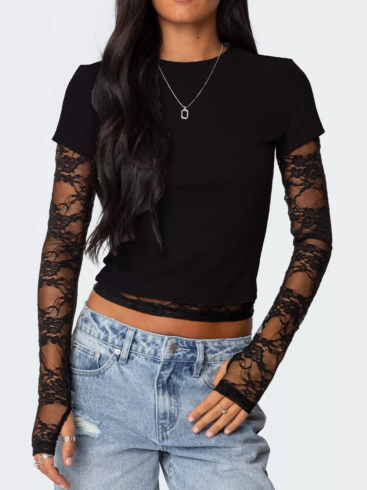 Cropped T-Shirt with Sheer Lace Sleeves