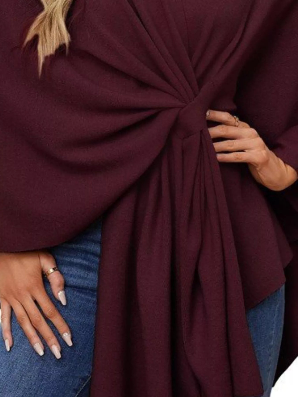 Solid Color Tie-Front Knit Cape Top