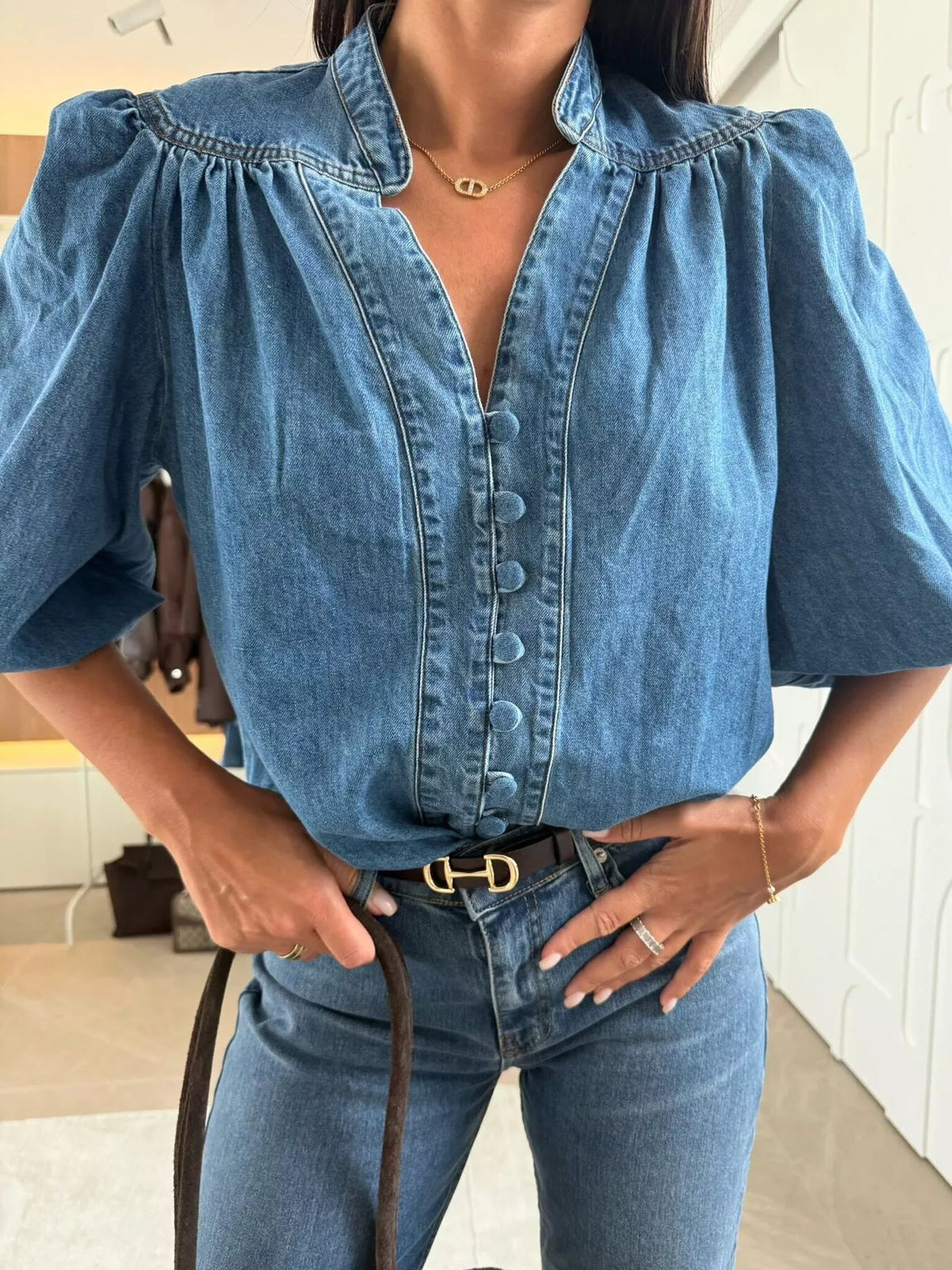 Button-Down Puff Sleeve Denim Top