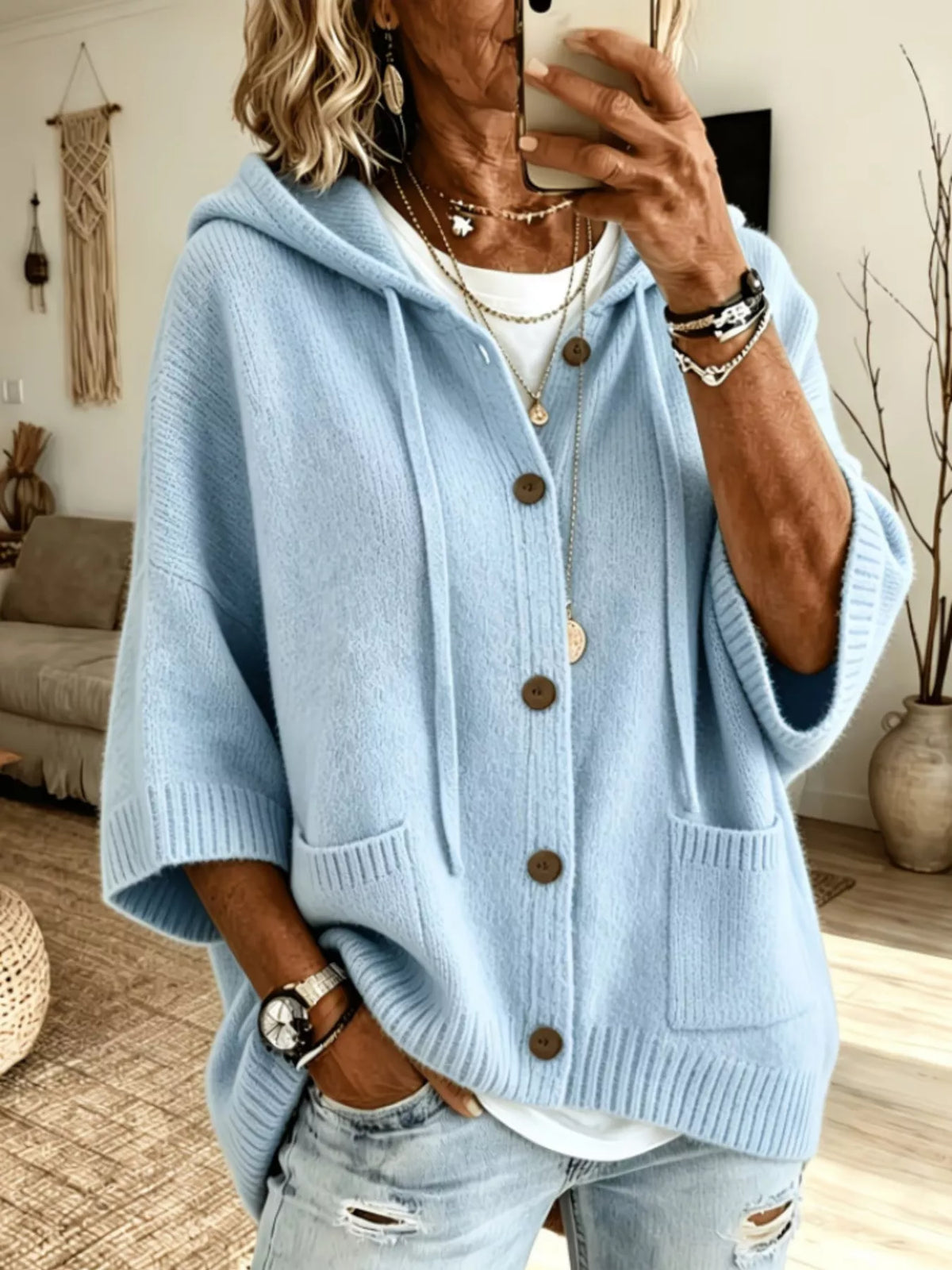 Full Size Casual Hooded Button-Down Knit Cardigan with Pockets Plus Size