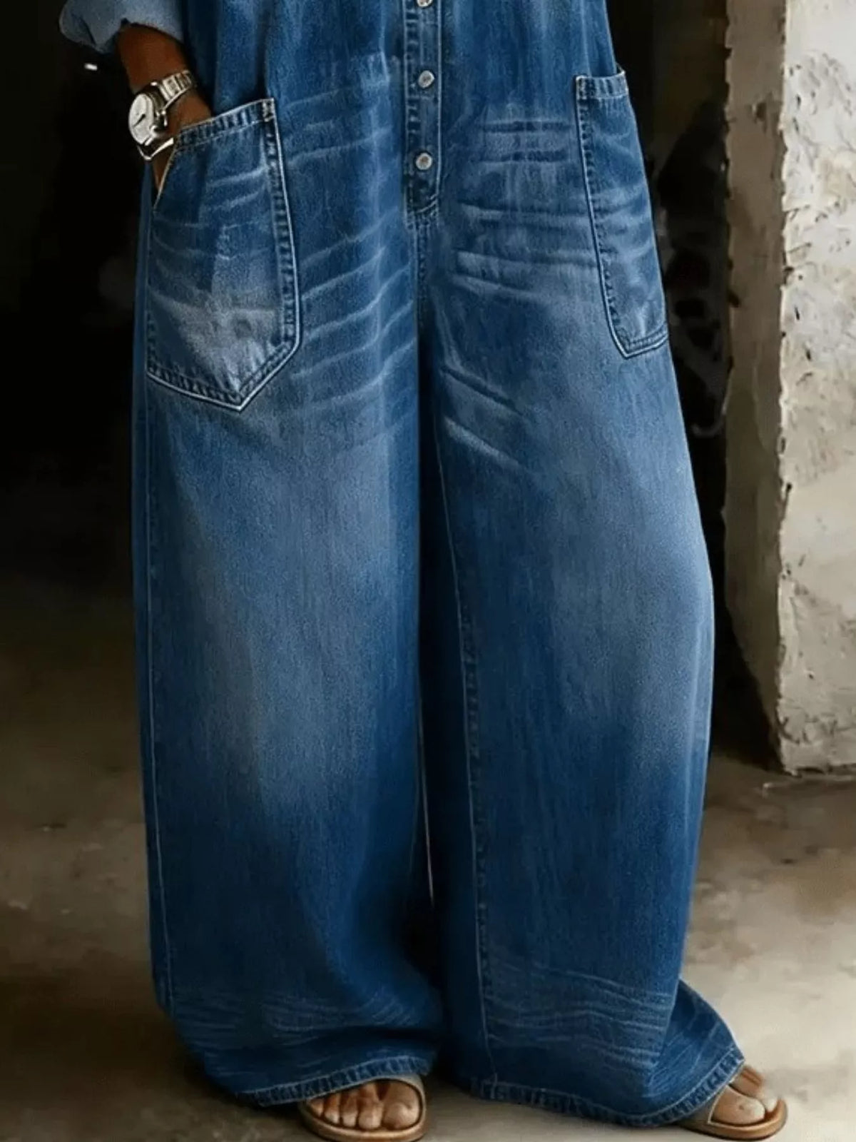 Full Size Cold Shoulder Button Front Denim Jumpsuit Plus Size