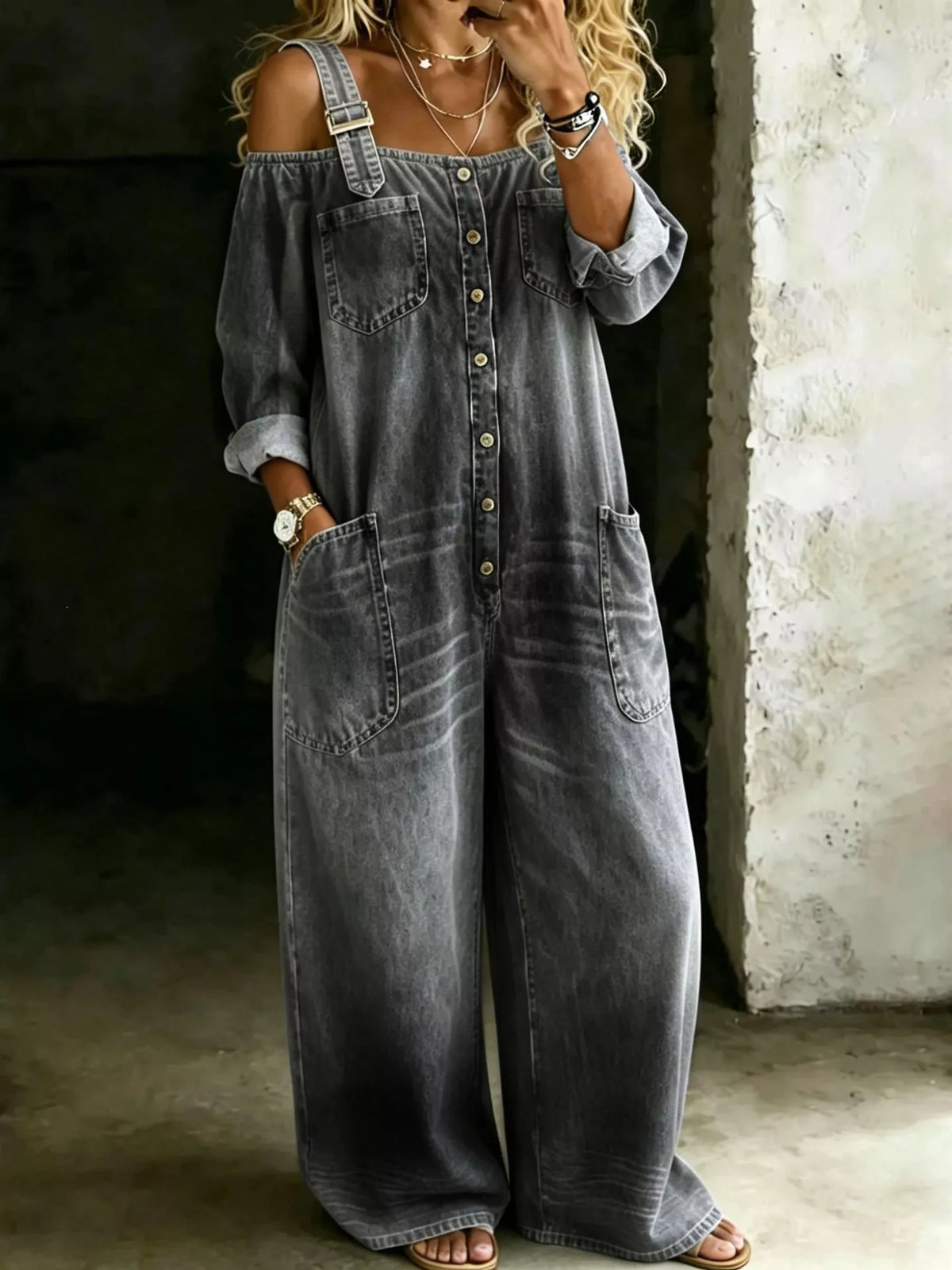 Button Front Wide-Leg Jumpsuit