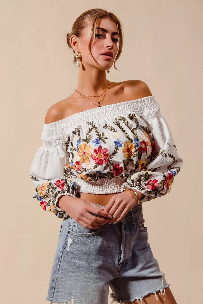 SO ME Floral Embroidered Off The Shoulder Crop Top