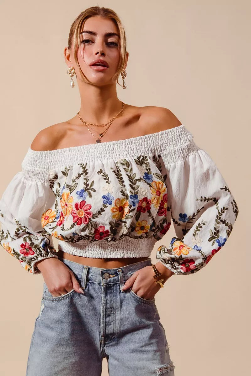 SO ME Floral Embroidered Off The Shoulder Crop Top