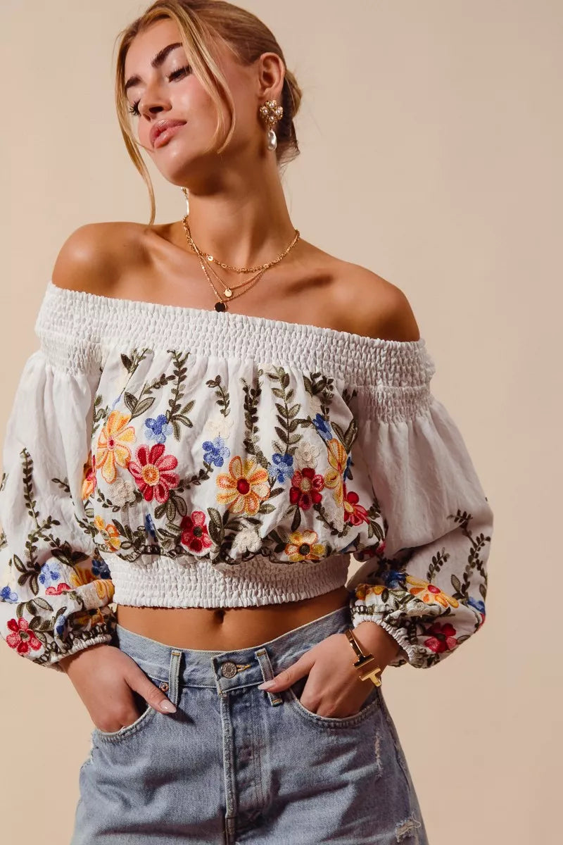 SO ME Floral Embroidered Off The Shoulder Crop Top