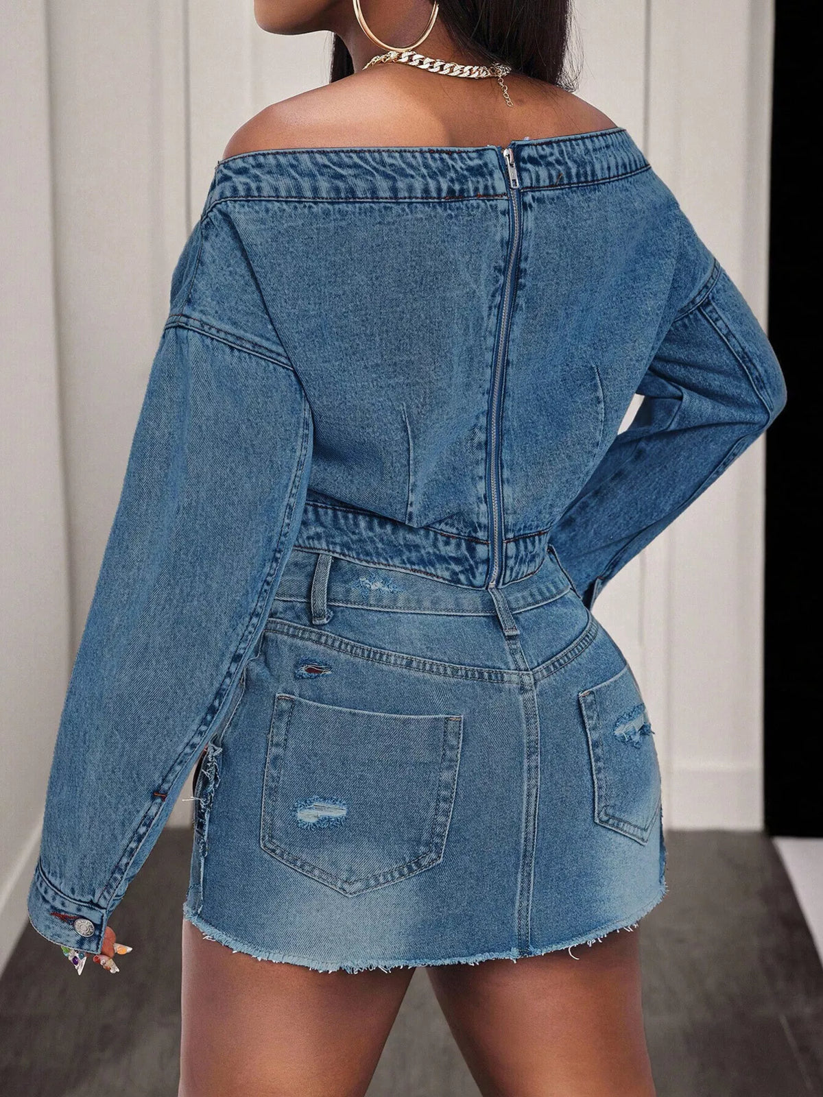 Off-Shoulder Long Sleeve Denim Top