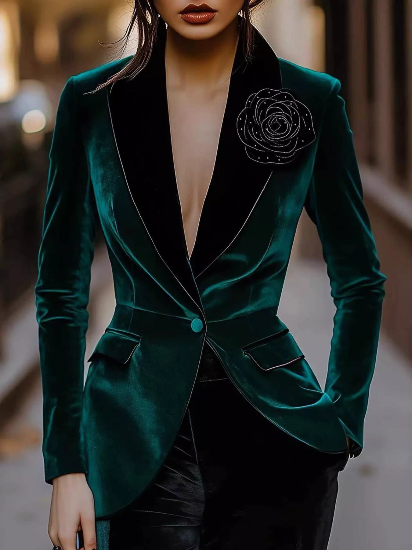 Velvet Rose Embellished One Button Blazer