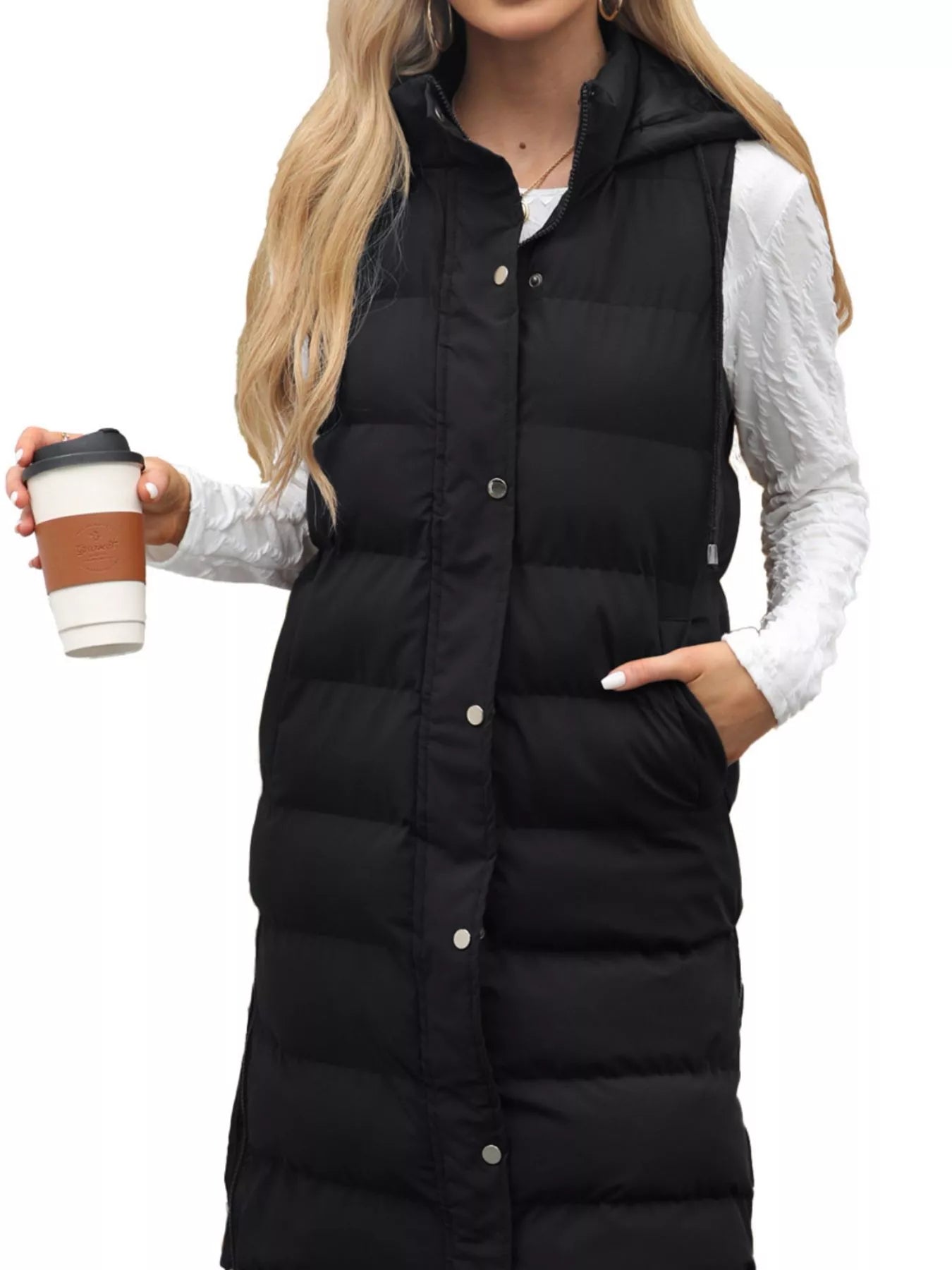 Full Size Snap Down Hooded Padded Longline Vest Coat Plus Size