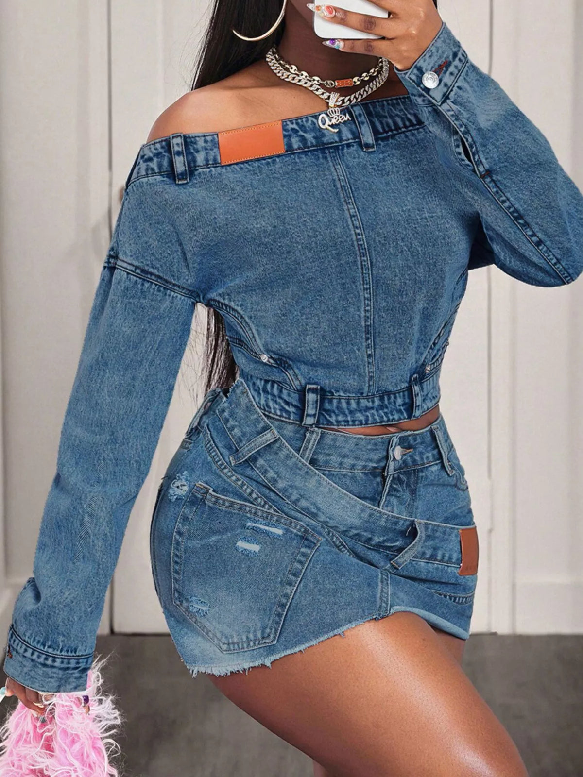 Off-Shoulder Long Sleeve Denim Top