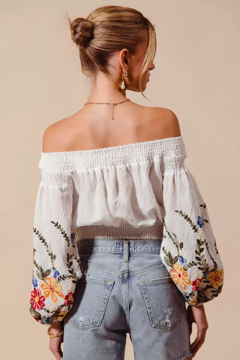 SO ME Floral Embroidered Off The Shoulder Crop Top