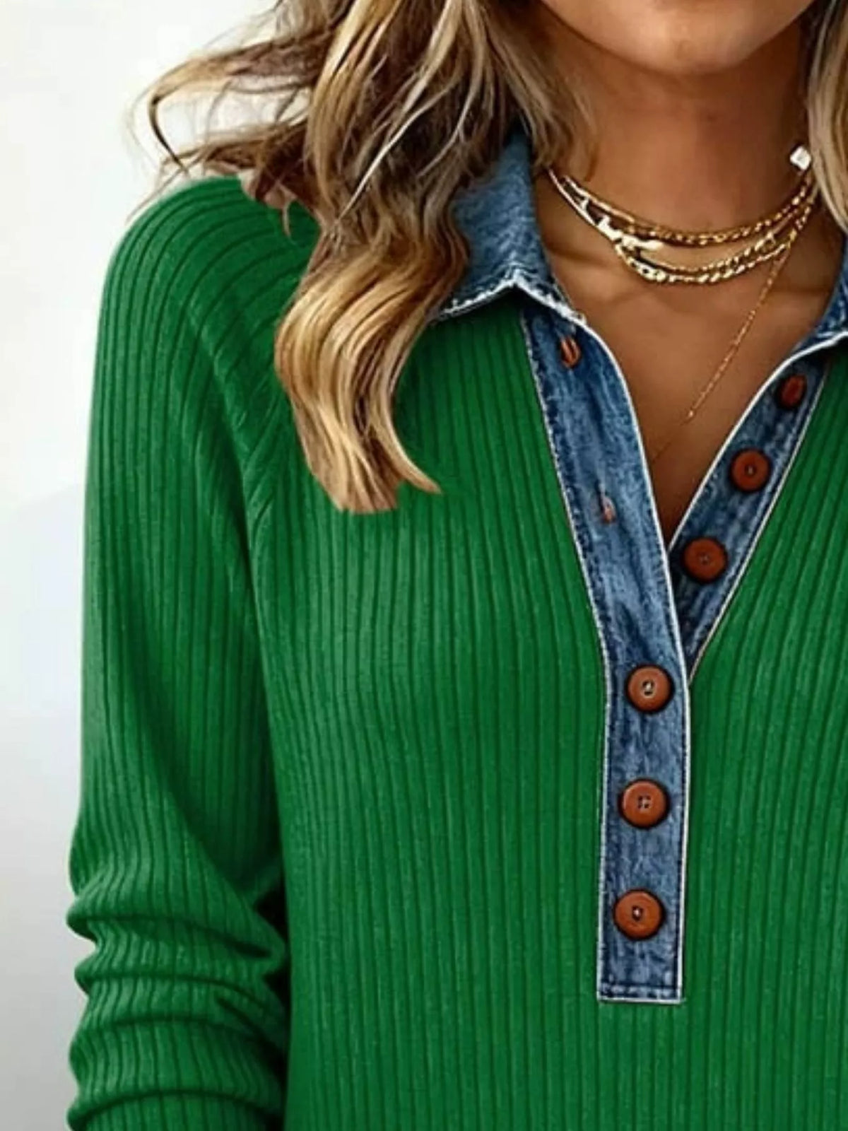 Full Size Denim Trim Ribbed Knit Top Plus Size