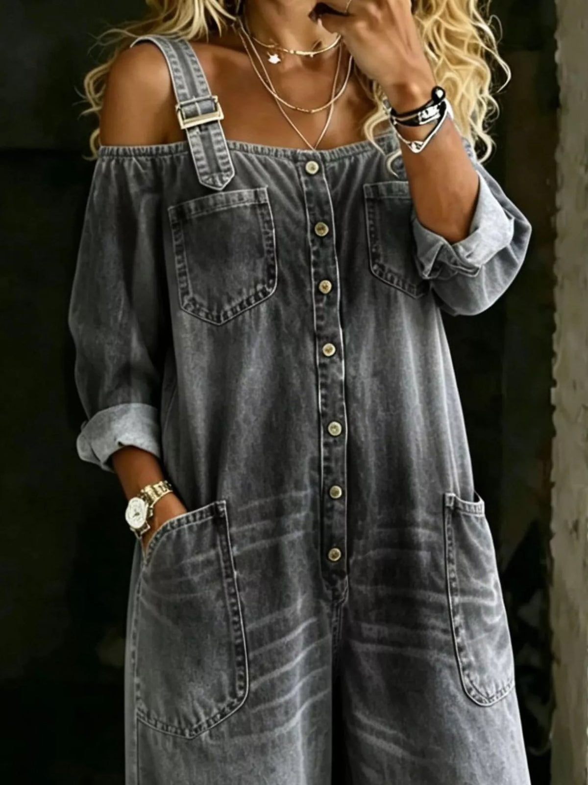 Button Front Wide-Leg Jumpsuit