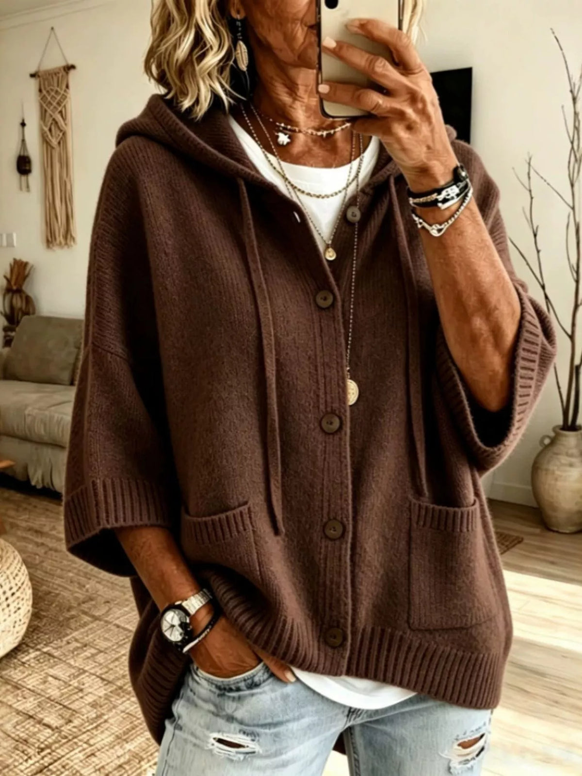 Full Size Casual Hooded Button-Down Knit Cardigan with Pockets Plus Size