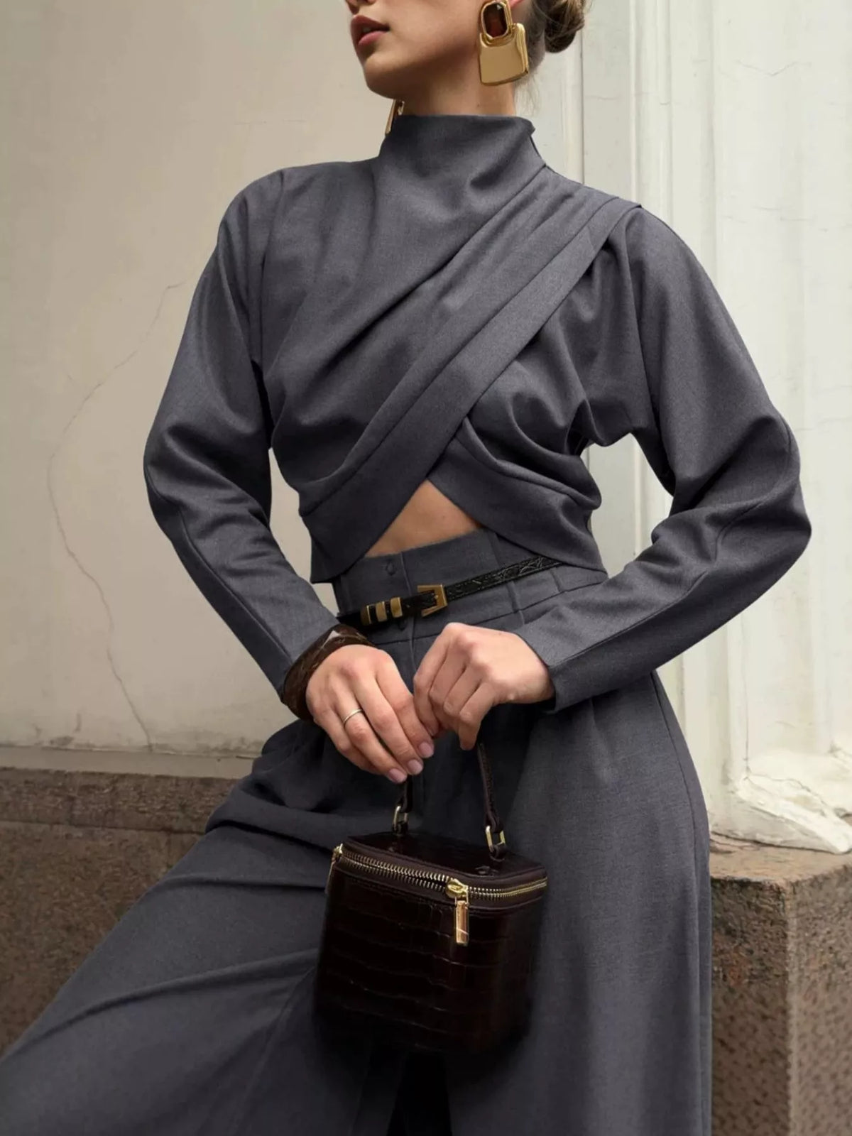 Draped Crop Top and Wide-Leg Pants Set