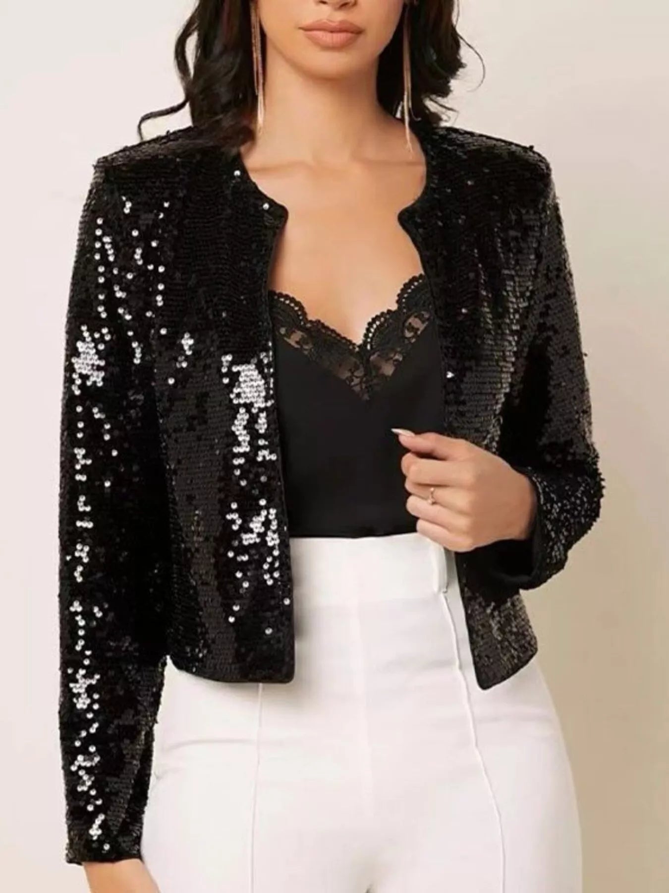 Full Size Sequin Long Sleeve Jacket Plus Size