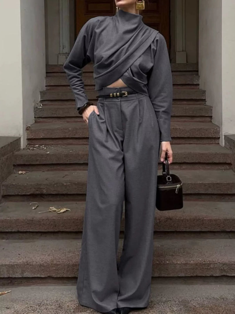 Draped Crop Top and Wide-Leg Pants Set