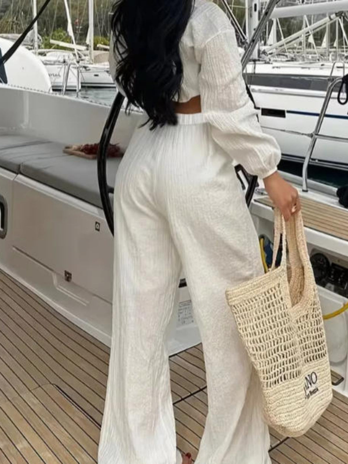 Textured Tie-Front Crop Top and Wide Leg Pants Set