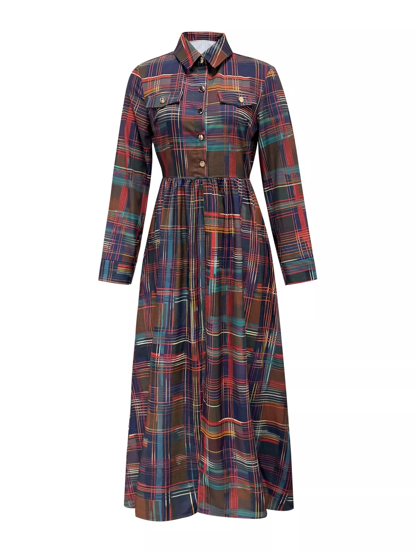 Plaid Button Front Maxi Shirt Dress