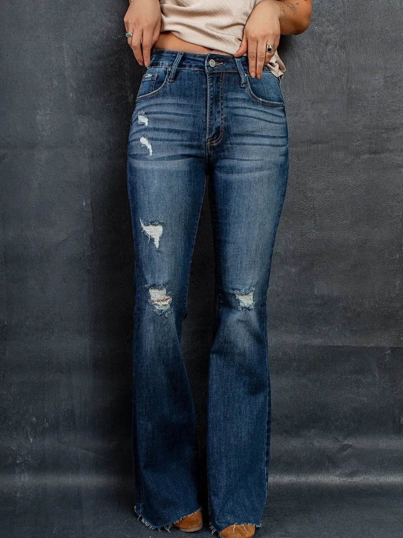 Distressed High-Waisted Flare Jeans
