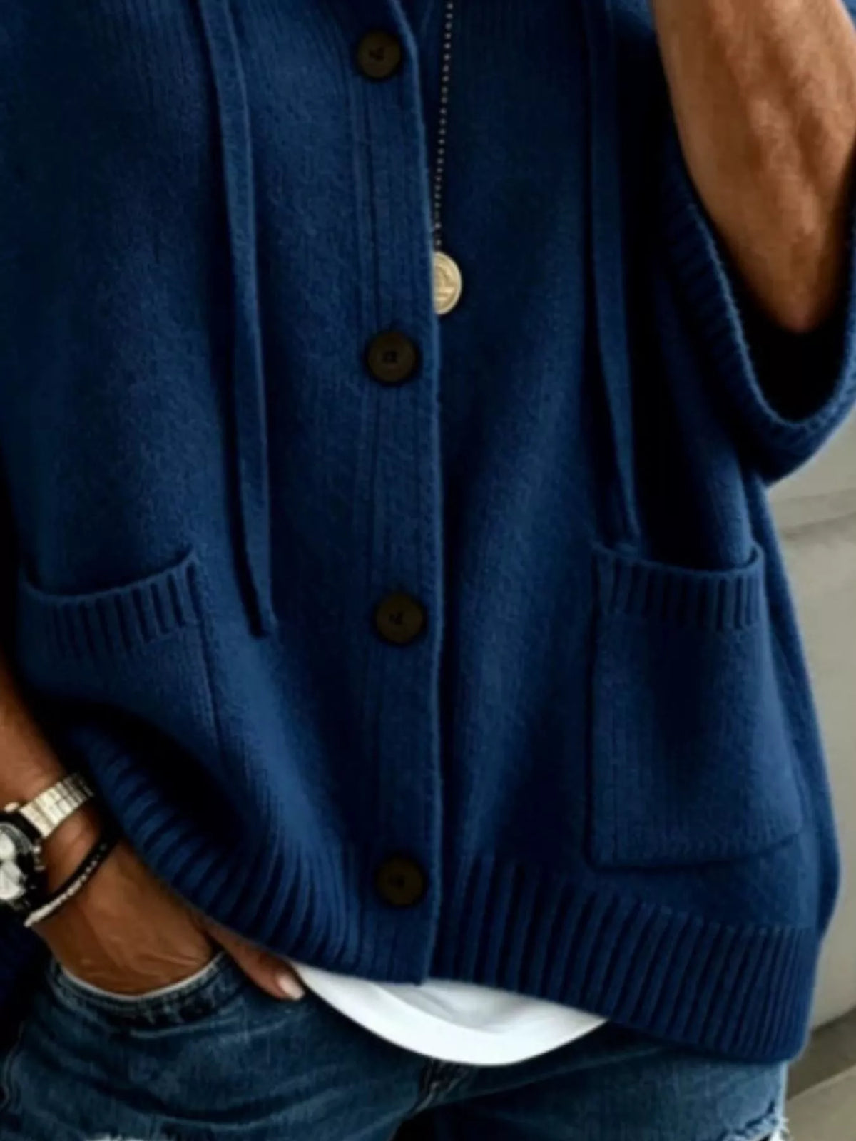 Full Size Casual Hooded Button-Down Knit Cardigan with Pockets Plus Size