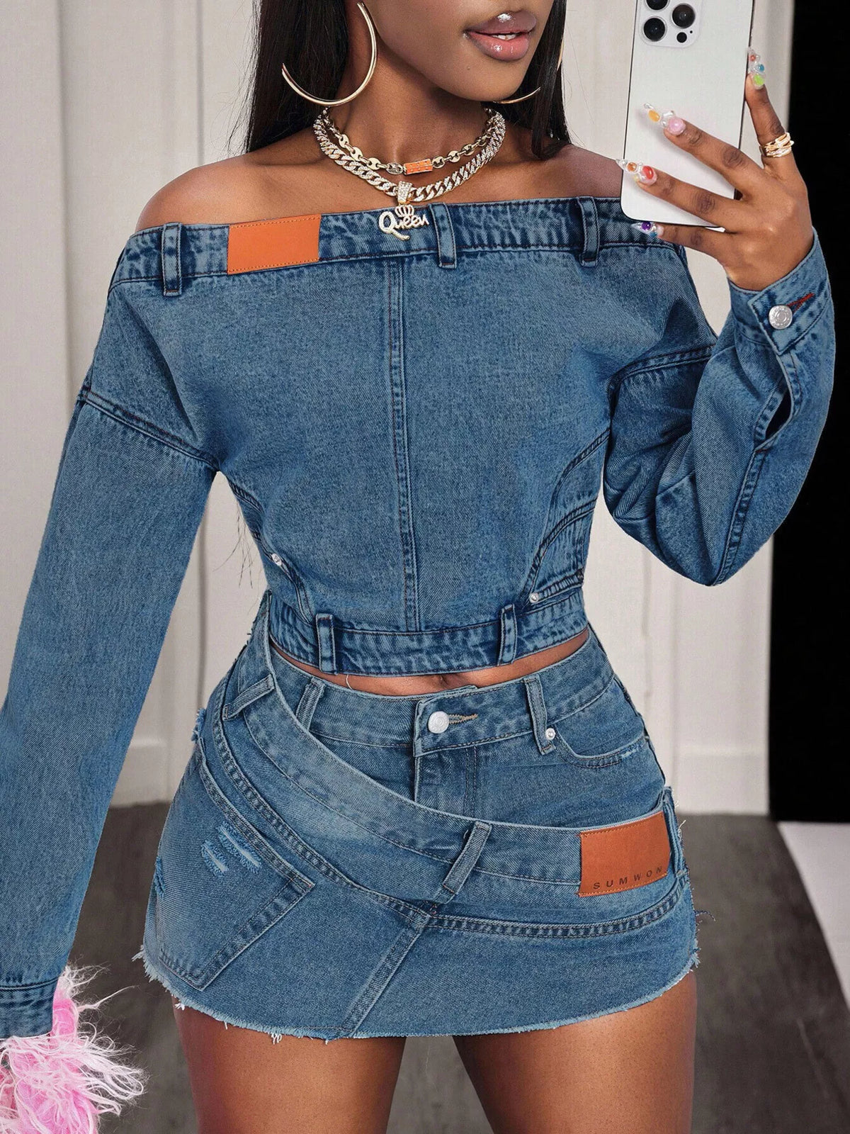 Off-Shoulder Long Sleeve Denim Top