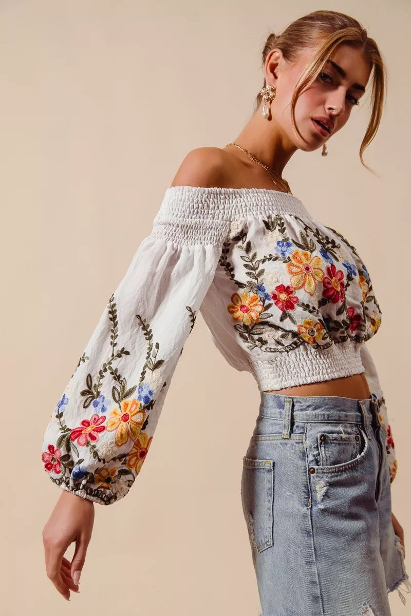 SO ME Floral Embroidered Off The Shoulder Crop Top