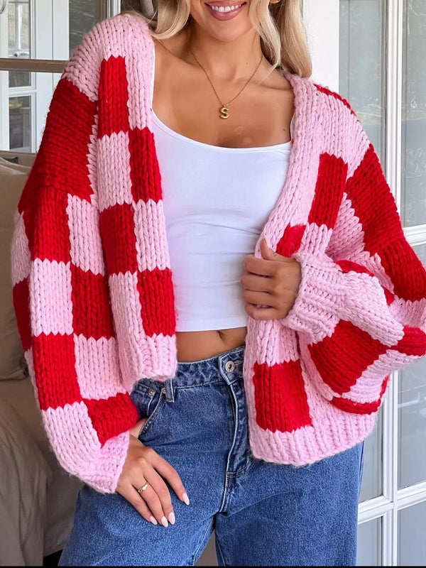 Checkered Open Front Long Sleeve Cardigan