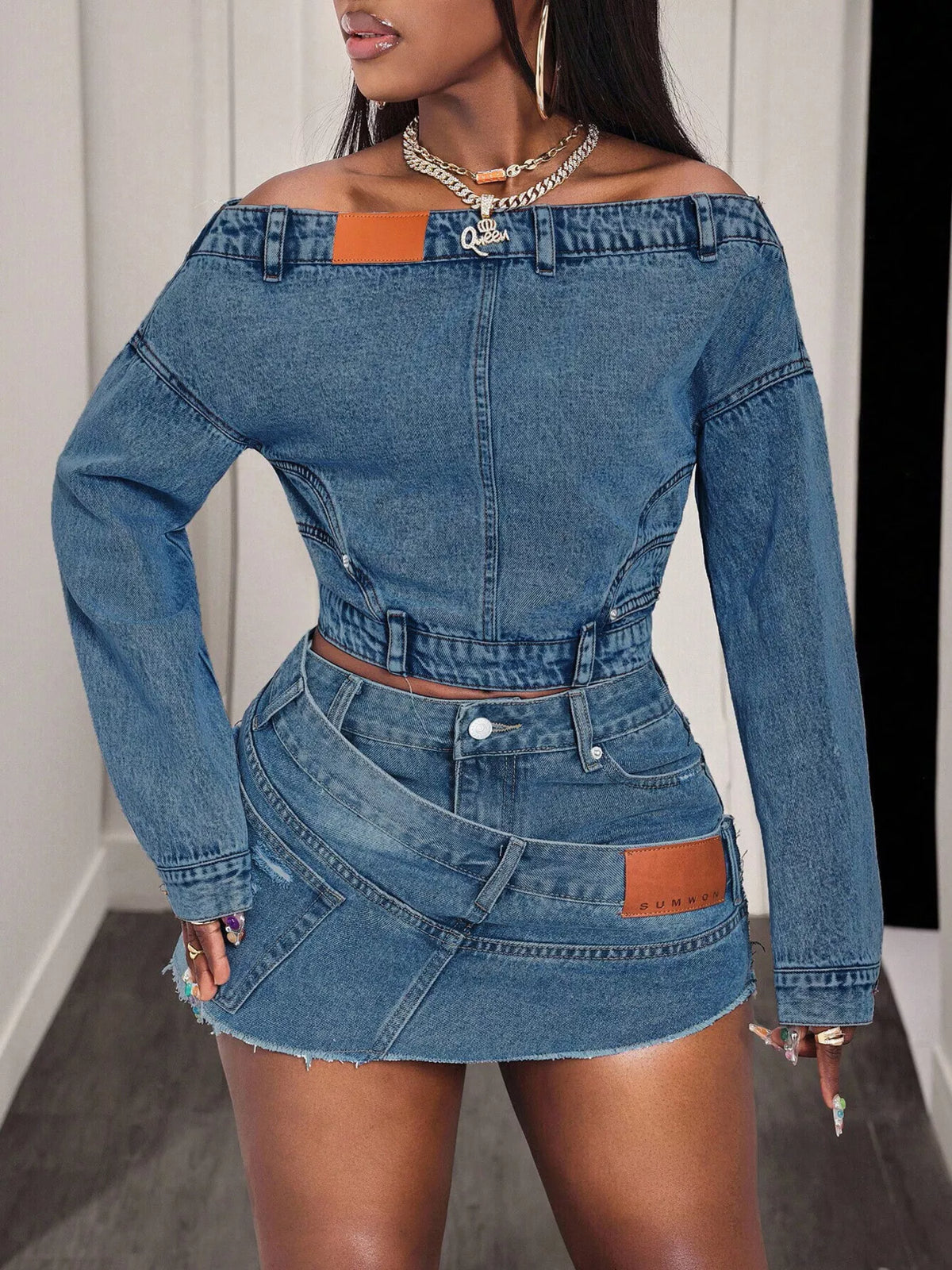 Off-Shoulder Long Sleeve Denim Top