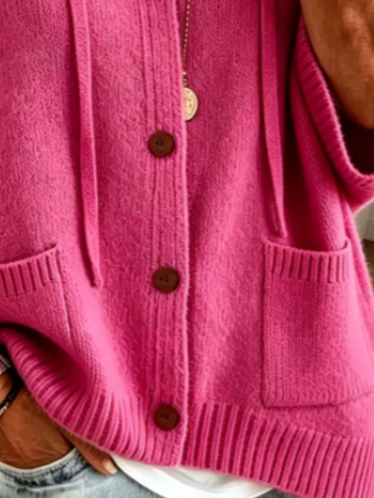 Full Size Casual Hooded Button-Down Knit Cardigan with Pockets Plus Size