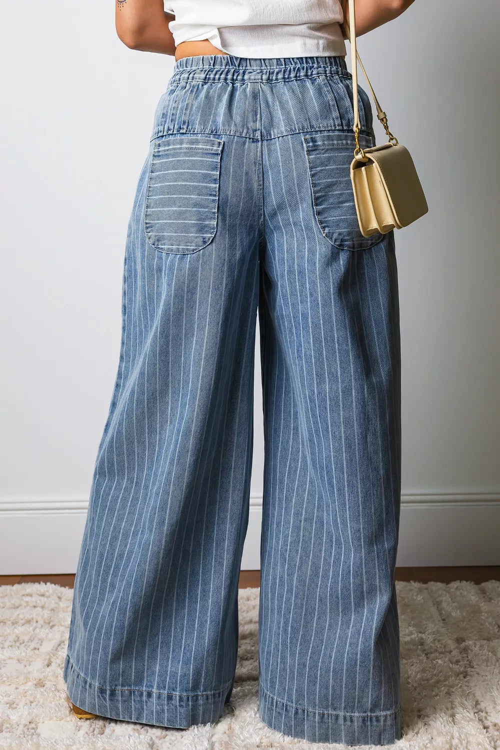 Stripe Button Pleated Drawstring Waist Casual Wide Leg Jeans