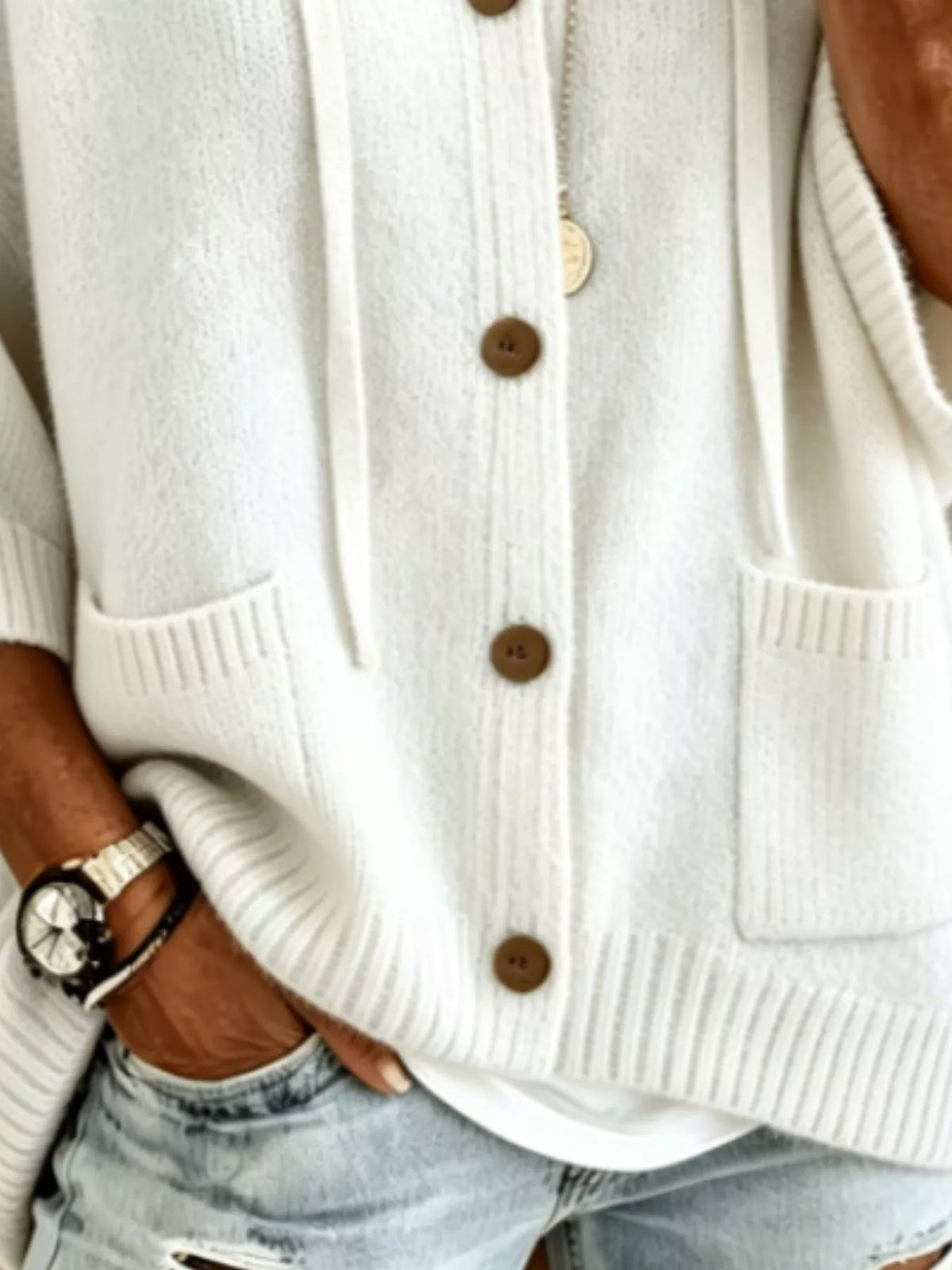 Full Size Casual Hooded Button-Down Knit Cardigan with Pockets Plus Size