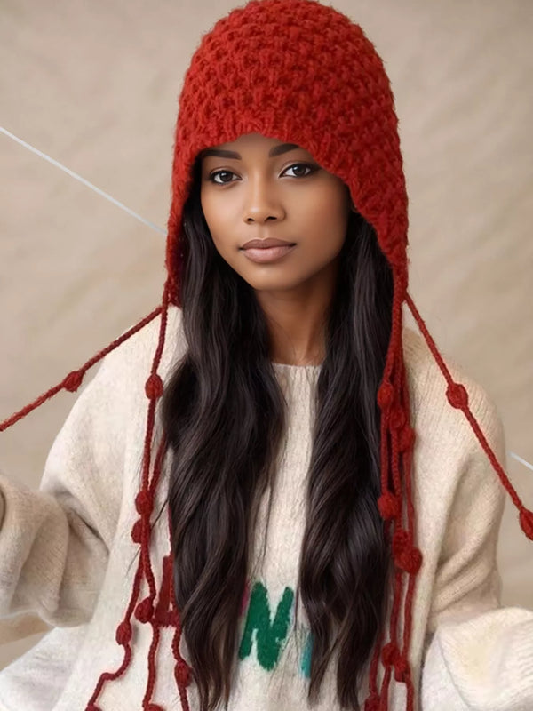 Fringe Knitted Beanie Hat