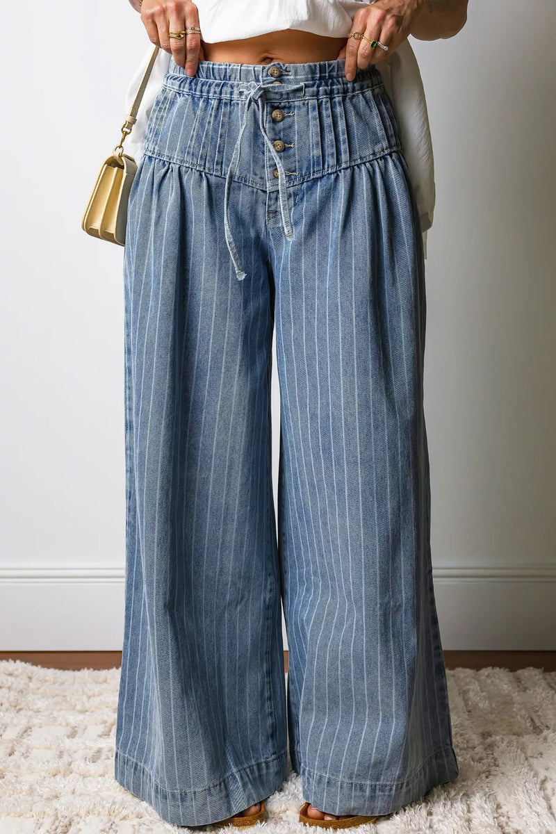 Stripe Button Pleated Drawstring Waist Casual Wide Leg Jeans