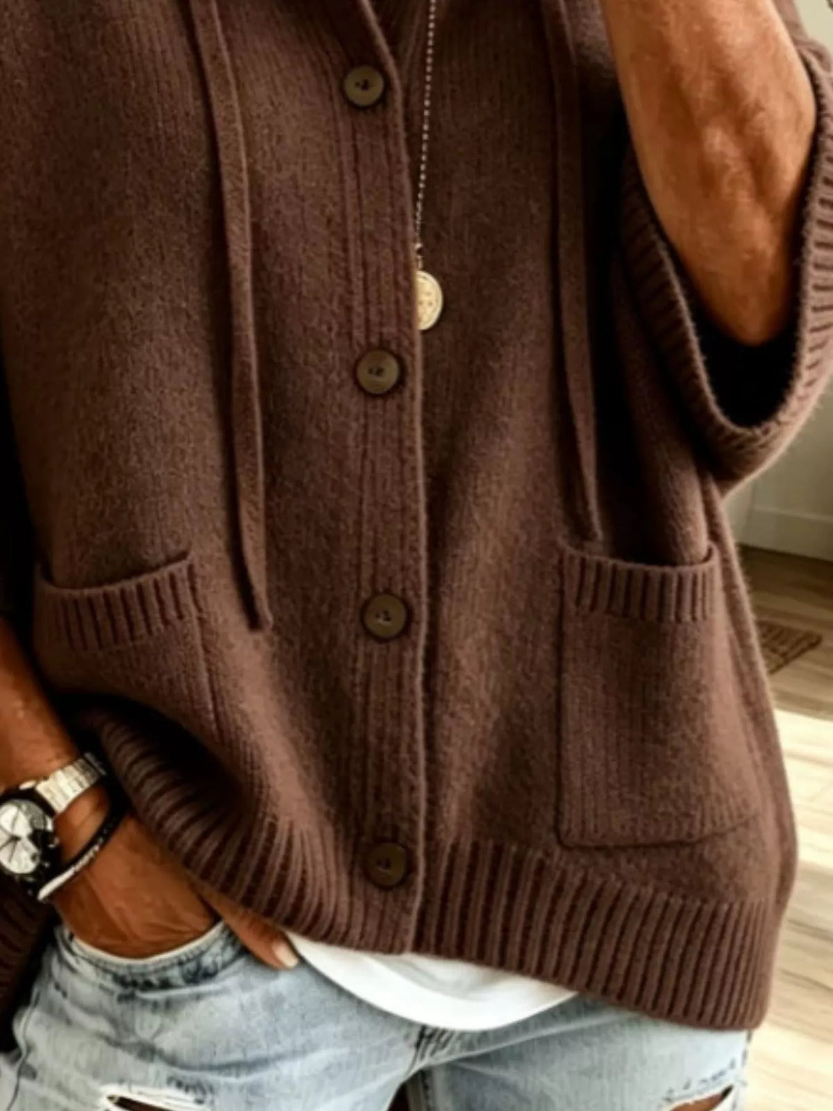 Full Size Casual Hooded Button-Down Knit Cardigan with Pockets Plus Size