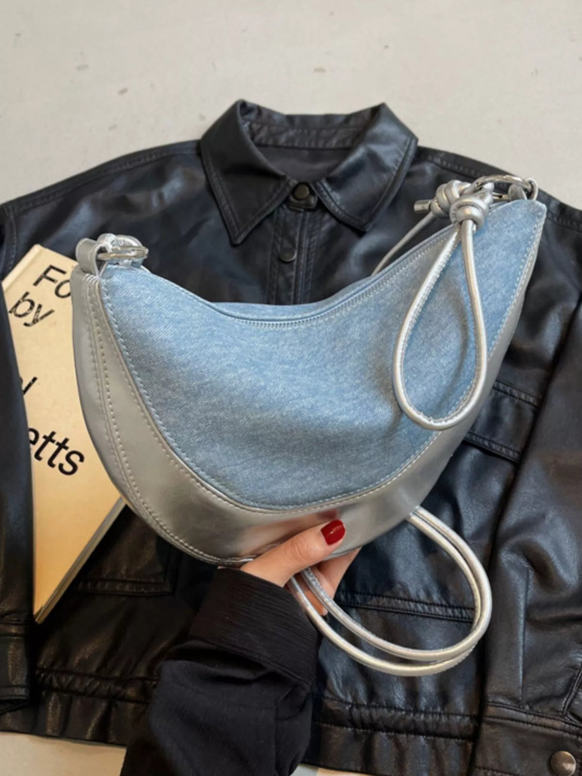 Denim Crescent Hobo Crossbody Bag