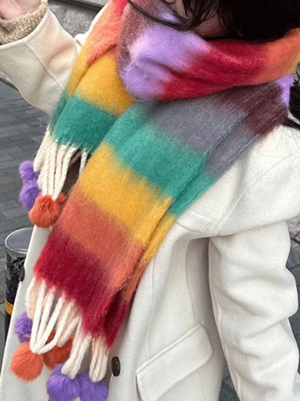 Rainbow Striped Fuzzy Scarf with Pom-Poms