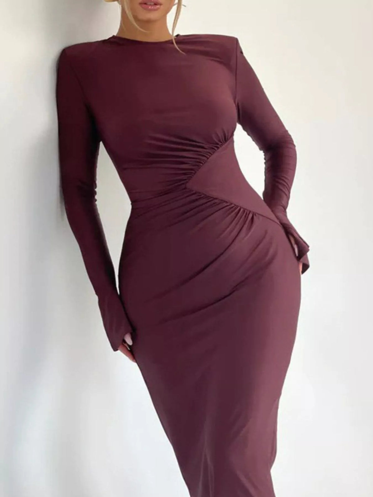 Ruched Long Sleeve Bodycon Maxi Dress