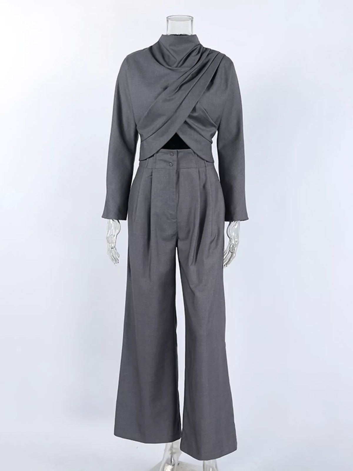Draped Crop Top and Wide-Leg Pants Set