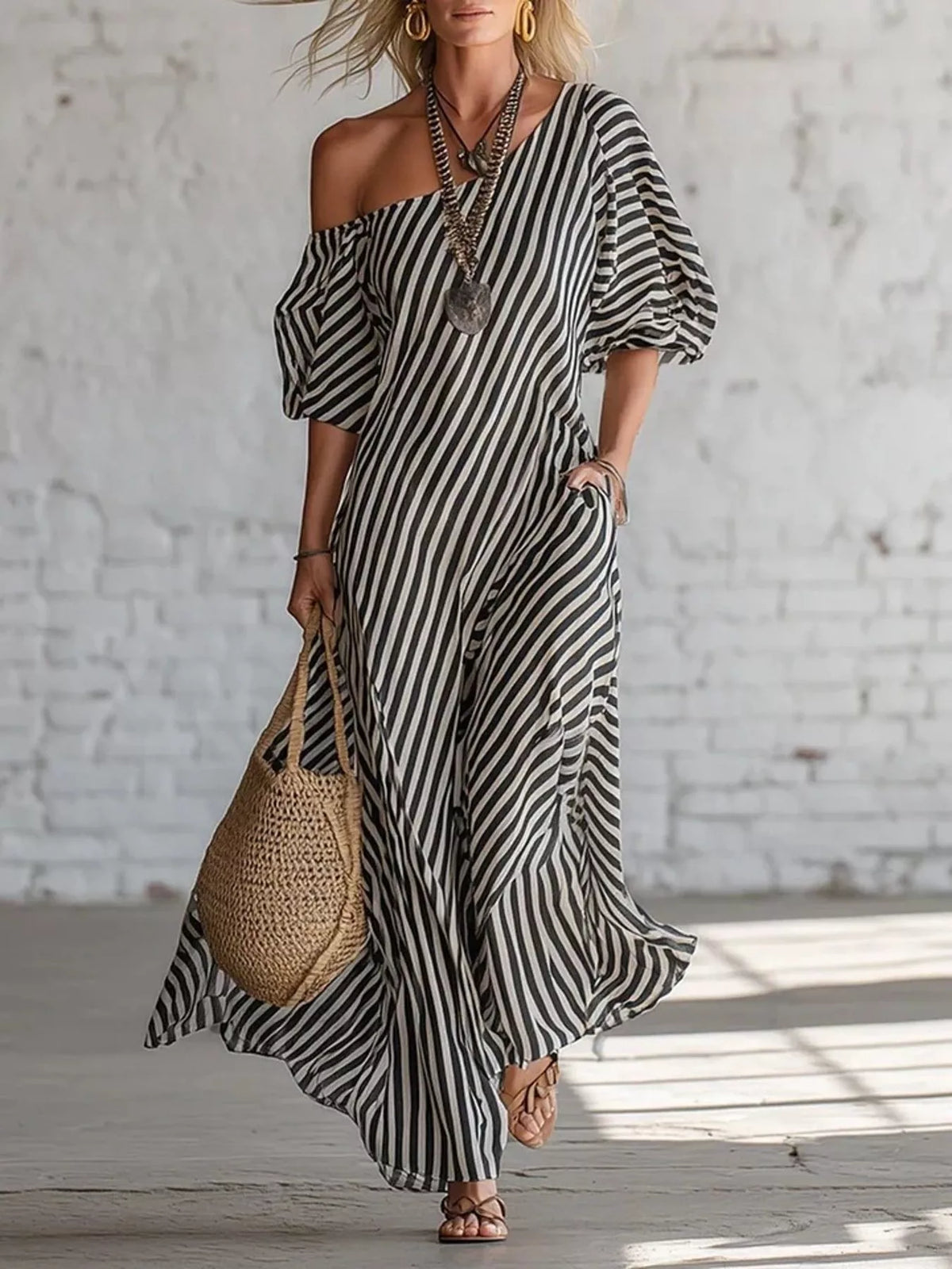 Full Size Striped One-Shoulder Casual Maxi Dress Plus Size